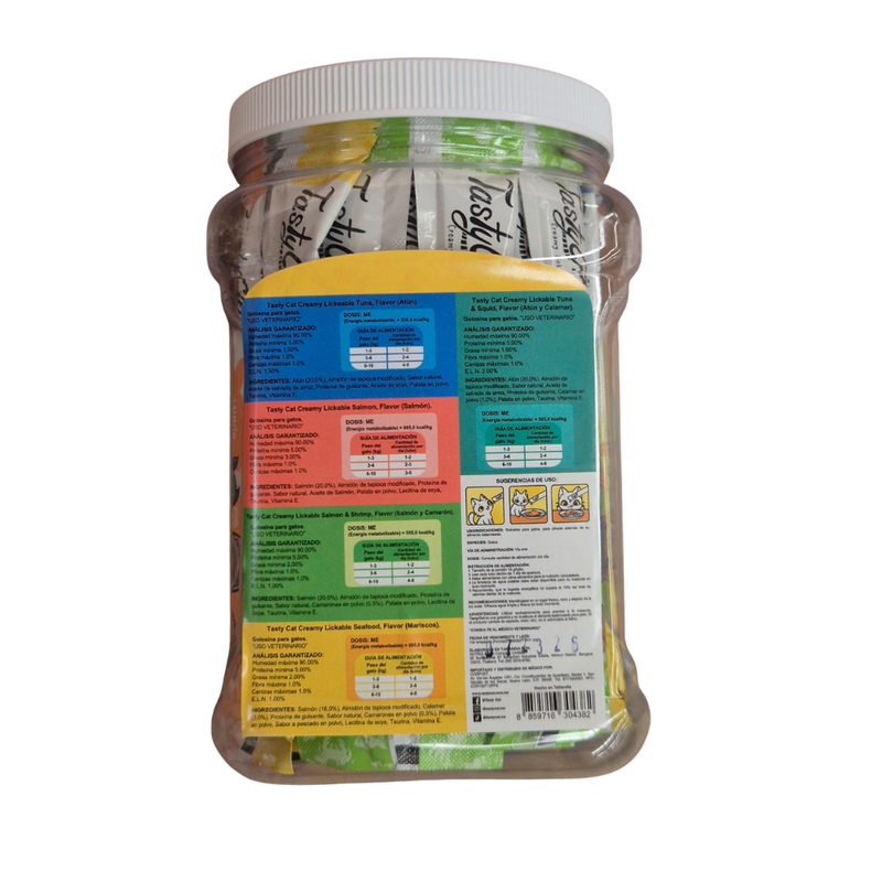 Vitrolero Tasty 50 premios cremosos y deliciosos para gato sabores surtidos (salmón, salmón y camaron, atun y calamar, mariscos y atun)