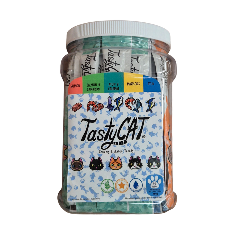 Vitrolero Tasty 50 premios cremosos y deliciosos para gato sabores surtidos (salmón, salmón y camaron, atun y calamar, mariscos y atun)