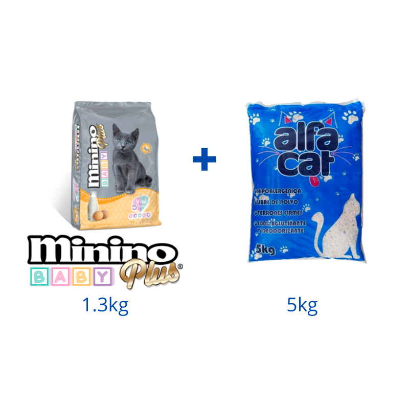 Paquete Baby:  1 Minino Baby Plus 1.3kg + 5kg de arena sanitaria Alfacat